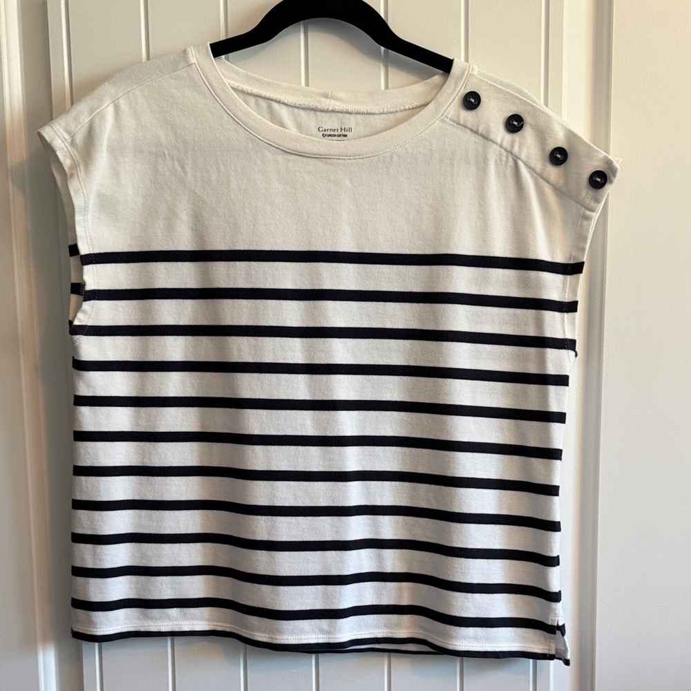 Garnet Hill Black and White Striped Shoulder-Button Cap Sleeve Tank
